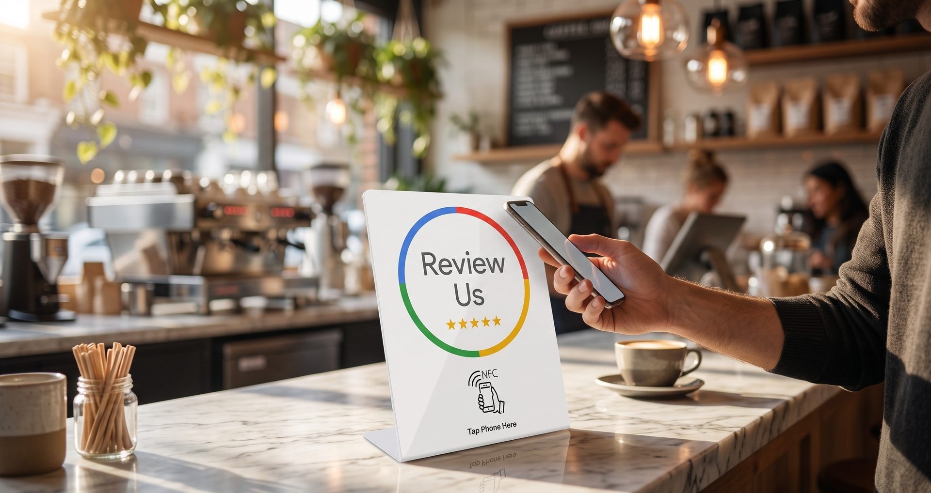 Cliente dejando una reseña tocando el soporte NFC en la barra de una cafetería